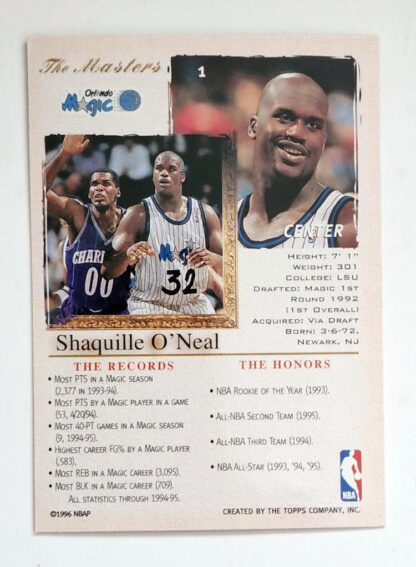 Shaquille O'Neal Topps Stadium Club 1996 NBA NBA Trading Card #18 Back