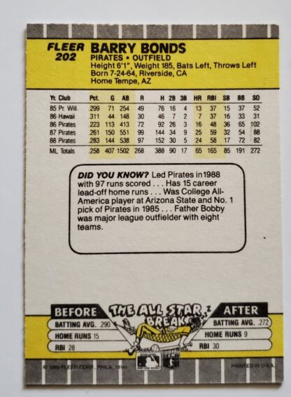 Barry Bonds Fleer 1989 MLB Trading Card #202 Back