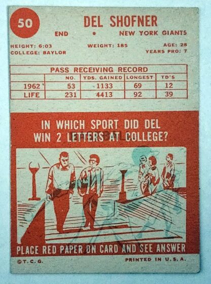Del Shofner Topps 1963 NFL Trading Card #50 Back