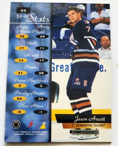 Jason Arnott Pinnacle Zenith 1997 NHL Trading Card #65 Back