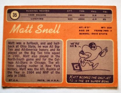 Matt Snell Topps 1970 NFL Trading Card #35 New York Jets Back