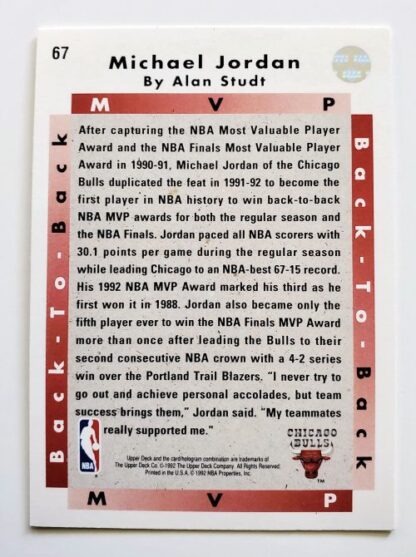Michael Jordan 1992 Upper Deck NBA Card #67 Chicago bulls Back