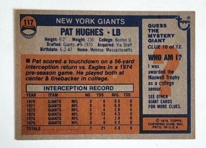 Pat Hughes Topps 1978 NFL Trading Card #117 Back