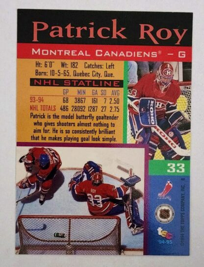 Patrick Roy 1994 Topps Stadium Club Card #33 Montreal Canadiens Back