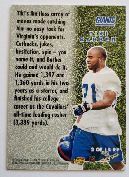 Tiki Barber Skybox "Rookie Preview"" 1997 Sports Card #2 of 15 Back