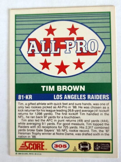 Tim Brown Score 1989 "All Pro" NFL Trading Card #305back
