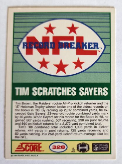 Tim Brown Score 1989 "Record Breaker" NFL Trading Card #328 Back