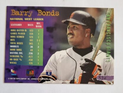 Barry Bonds 1994 Topps Stadium Club MLB Trading Card #532 Back