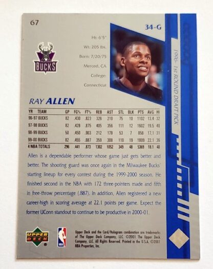 Ray Allen Upper Deck 2001"Encore" NBA Trading Card #67 Back