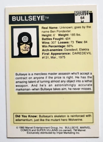Bullseye Marvel 1990 Impel Marketing Comic Card #64 back