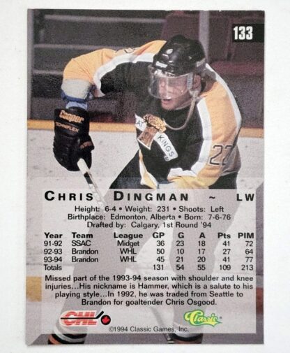 Chris Dingman Classic 4 Sport 1994 NHL Card # 133 Back