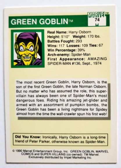 Green Goblin Marvel 1990 Impel Marketing Comic Card #74 Back