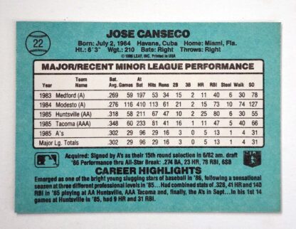 Jose Cancesco Donruss 1986 "The Rookies" MLB Sports Trading Card #22 Back