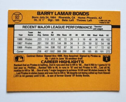 Barry Bonds Donruss 1989 MLB Trading Card #92 Pittsburgh Pirates Back