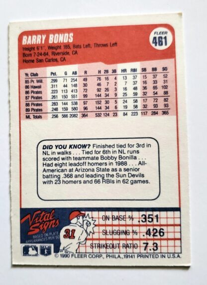 Barry Bonds Fleer 1990 Card #322 Pittsburgh Pirates Back
