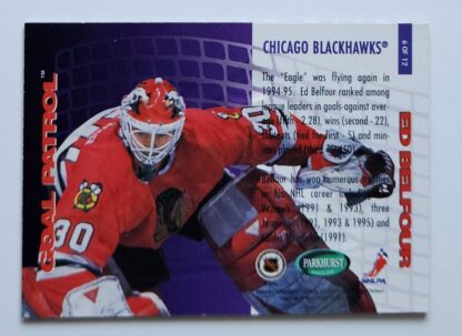 Ed Belfour Parkhurst 1995 "Goal Patrol" Card #6 of 12 Chicago Blackhawks back