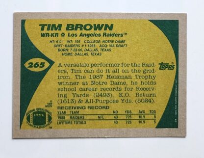 Tim Brown Topps 1989 "All Pro" NFL Trading Card #265 Los Angeles Raiders Back