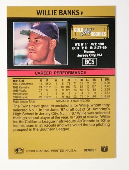 Willie Banks Leaf 1991 "Gold Rookies" Card #BC5 Minnesota Twins Back