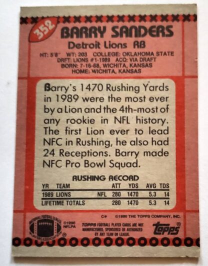 Barry Sanders Topps 1990 "All Pro" NFL Trading Card #352 Detroit Lions Back