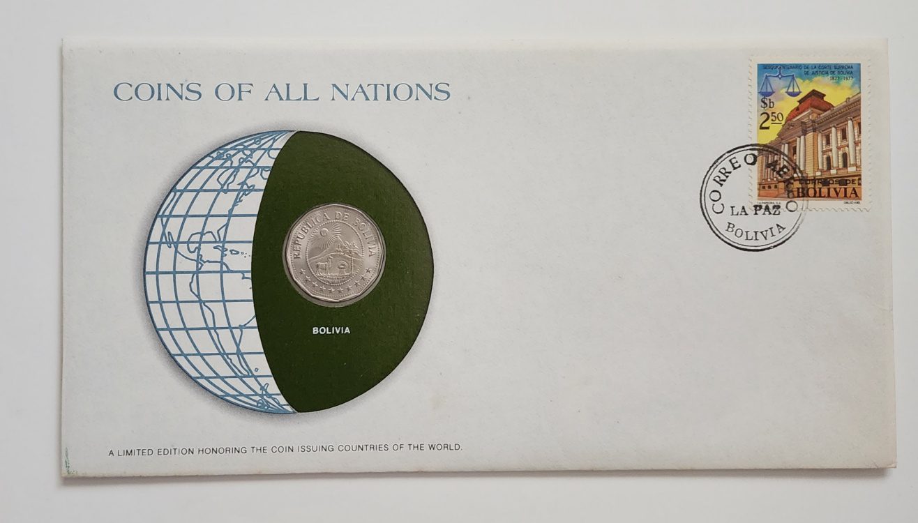 Bolivia Coin Of All Nations Stamped Envelope Franklin Mint C.O.A