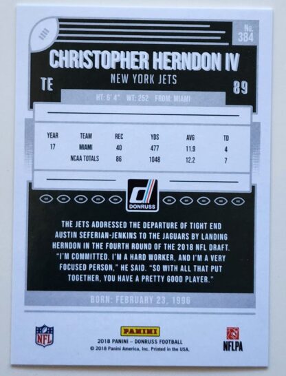 Christopher Henderson IV Donruss / Panini 2018 NFL Card #384 New York Jets Back