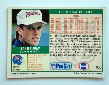 John Elway Pro Set 1989 NFL Sports Trading Card #100 Denver Broncos back