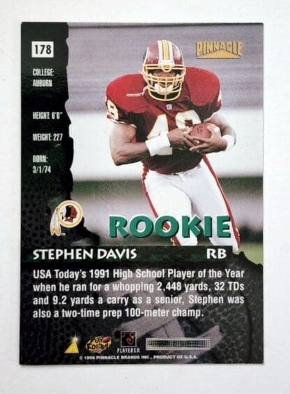 Stephen Davis Pinnacle 1996 NFL Trading Card #178 Washington Commanders Back