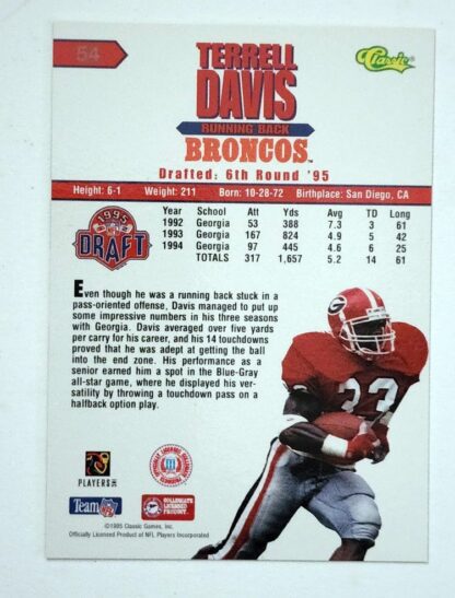 Terrell Davis Classic 1995 NFL Sports Trading Card #54 Georgia Bulldogs Back