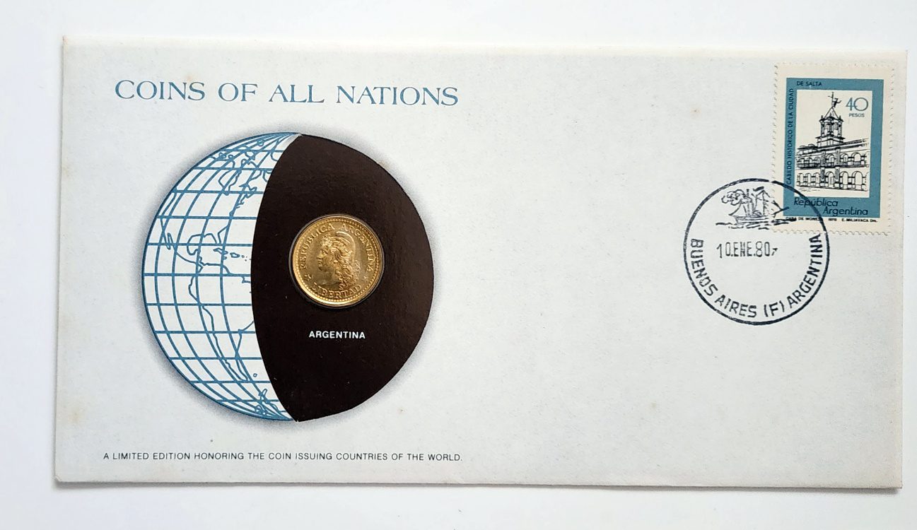 Argentina Coin Of All Nations Stamped Envelope Franklin Mint C.O.A
