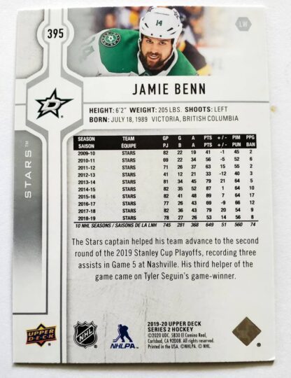 Jamie Benn Upper Deck 2020 NHL Trading Card #395 Dallas North Stars Back