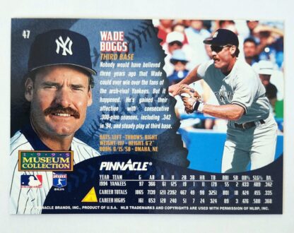 Wade Boggs Pinnacle 1995 Museum Collection Card #47 New York Yankees Back