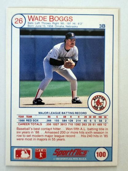 Wade Boggs Sportflics 1989 Card #100 Boston Red Sox Back