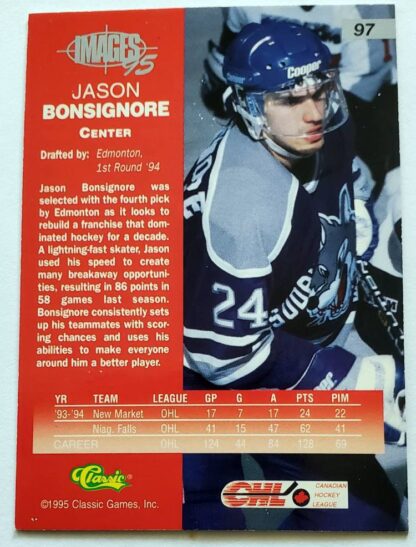Jason Bonsignore Classic Images 95 1995 Card #97 Edmonton Oilers Back