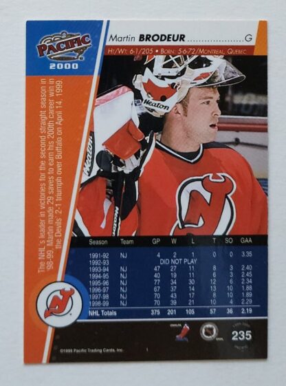Martin Brodeur Pacific 2000 1999 Card #235 New Jersey Devils Back