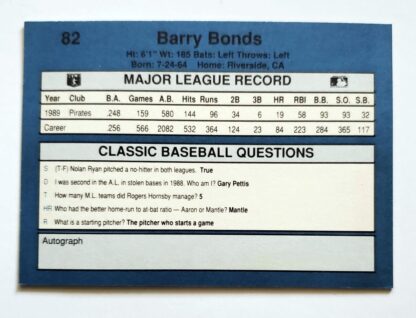 Barry Bonds Classic 1990 MLB Trading Card #82 Pittsburgh Pirates Back