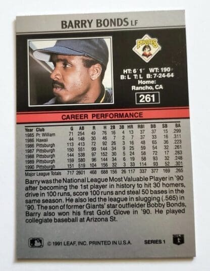 Barry Bonds Leaf 1991 MLB Card #261 Pittsburgh Pirates Back