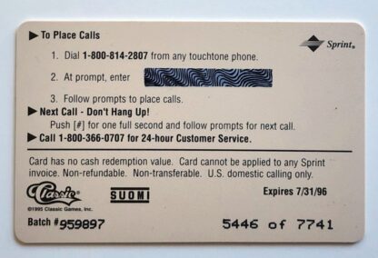 Aki-Peteri Berg $2 Dollar Phone Card Assets Gold Classic 1995 NHL Card #959897 Los Angeles Kings Back
