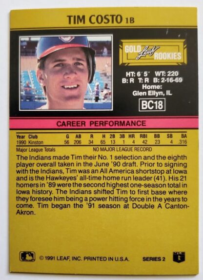 Tim Costo Leaf 1991 "Gold Leaf Rookies" MLB Trading Card #BC18 Cleveland Indians Back
