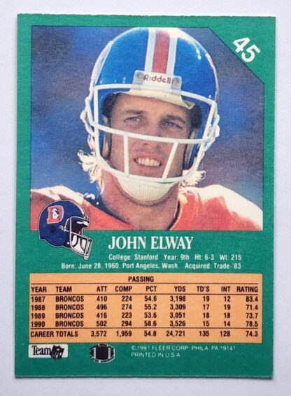 John Elway Fleer 1991 NFL Card #45 Denver Broncos Back