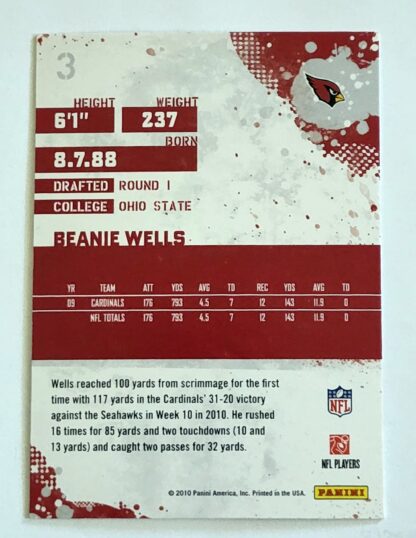 Beanie Wells Score 2010 NFL Trading Card #3 Arizona Cardinals Back
