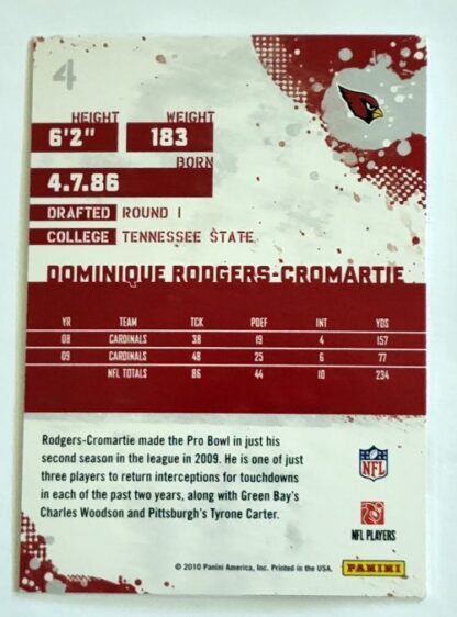 Dominique Rodgers-Cromartie Score 2010 NFL Trading Card #4 Arizona Cardinals Back