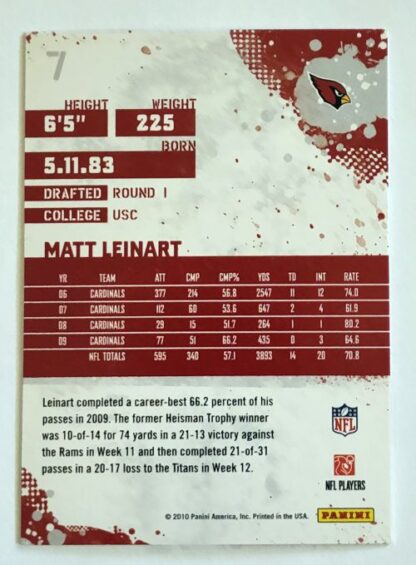 Matt Leinart Score 2010 NFL Trading Card #7 Arizona Cardinals Back