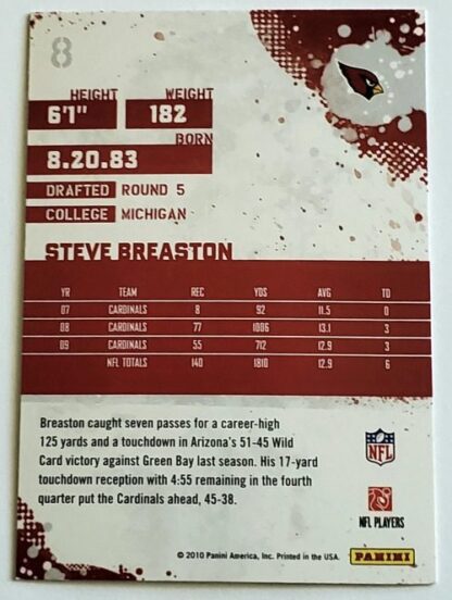 Steve Breaston Score 2010 NFL Trading Card #8 Arizona Cardinals Back