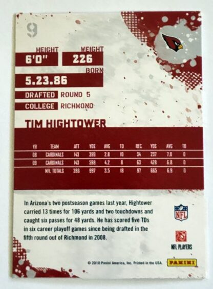 Tim Hightower Score 2010 NFL Trading Card #9 Arizona Cardinals Back