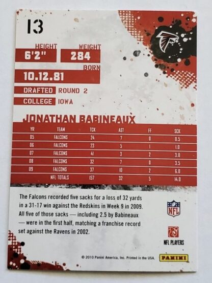 Jonathan Babineaux Score 2010 NFL Trading Card #13 Back