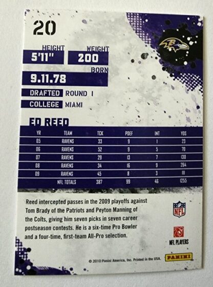 Ed Reed Score 2010 NFL Trading Card #20 Baltimore Ravens Back