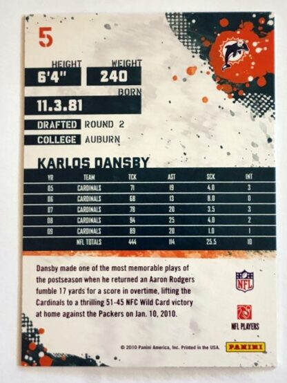 Karlos Dansby Score 2010 NFL Trading Card #5 Miami Dolphins Back