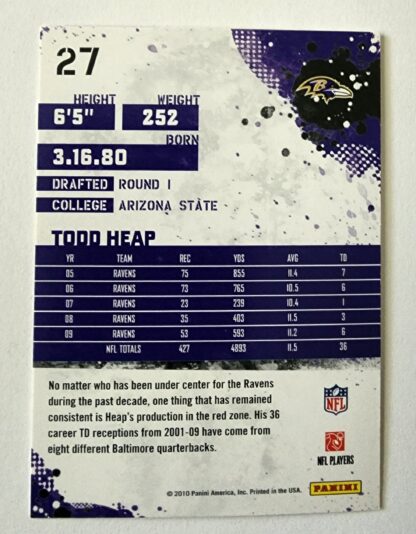 Todd Heap Score 2010 NFL Trading Card #27 Baltimore Ravens Back