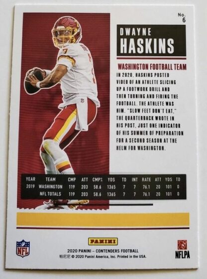 Dwayne Haskins Panini Contender 2020 NFL Card #6 Washington Commanders-back