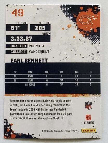 Earl Bennett Score 2010 NFL Trading Card #49 Chicago Bears back